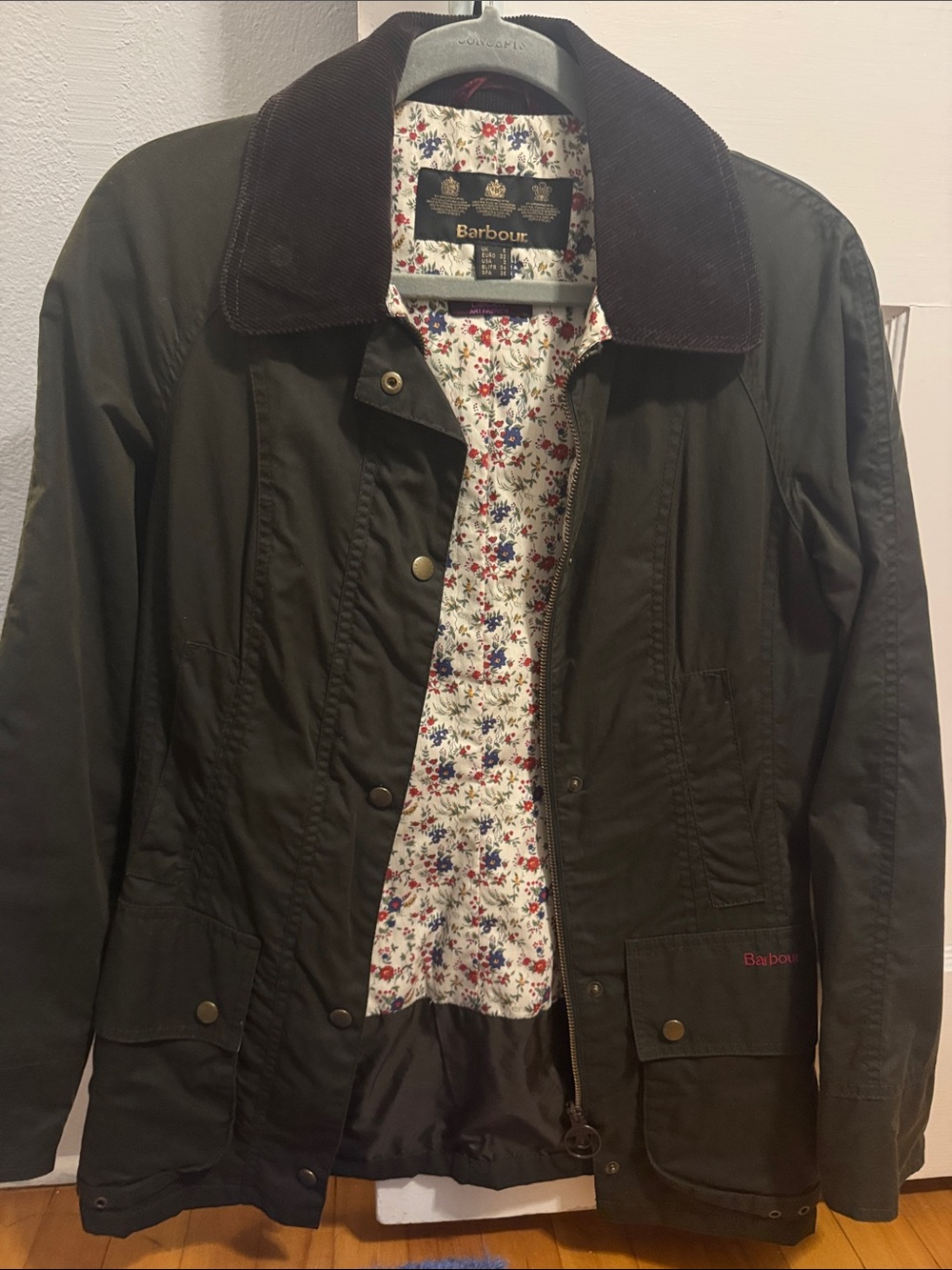 Barbour Dark Olive Jacket w/ Dark Brown Corduroy Collar and Liberty art fabric